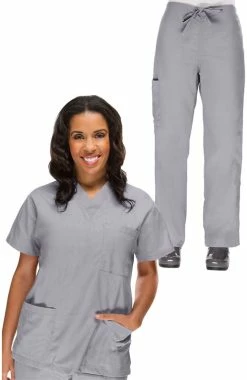 AllHeart Women's V-Neck Scrub Top & Drawstring Cargo Scrub Pant Set