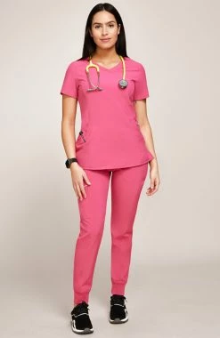 Cherokee Women's Mock Wrap Solid Scrub Top & Tapered Jogger Scrub Pant Set