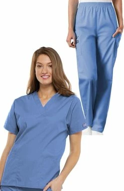 Cherokee Workwear Women's V-Neck Solid Scrub Top & Elastic Waistband Cargo Scrub