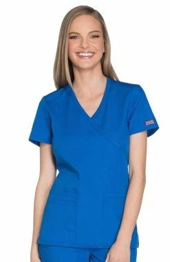 Cherokee Workwear Women's Mock Wrap Knit Panel Solid Scrub Top