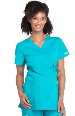 Cherokee Workwear Women's Maternity Mock Wrap Soft Knit Panel Solid Scrub Top
