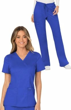 Cherokee Workwear Women's Mock Wrap Solid Scrub Top & Drawstring Flare Scrub