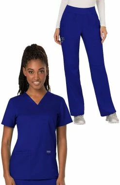 Cherokee Workwear Women's V-Neck Solid Scrub Top & Elastic Waistband Scrub Pant