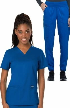 Cherokee Workwear Women's V-Neck Solid Scrub Top & Tapered Jogger Scrub Pant Set