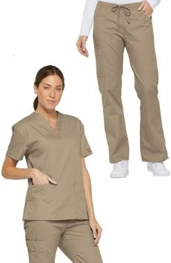 Dickies Women's V-Neck Solid Scrub Top & Drawstring Cargo Scrub Pant Set