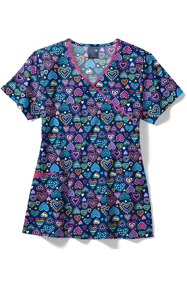 Zoe And Chloe Women's Contrast Mock Wrap Chalk Hearts Print Scrub Top 3 Zoe And Chloe Women's Contrast Mock Wrap Chalk Hearts Print Scrub Top