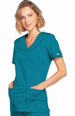 Cherokee Workwear Women's Mock Wrap Princess Seam Solid Scrub Top -clothings shop 3 ck 4728 650