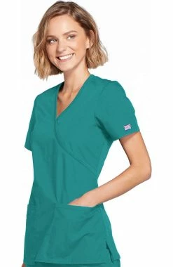 Cherokee Workwear Women's Mock Wrap Knit Panel Solid Scrub Top -clothings shop 3 ck ww650 650